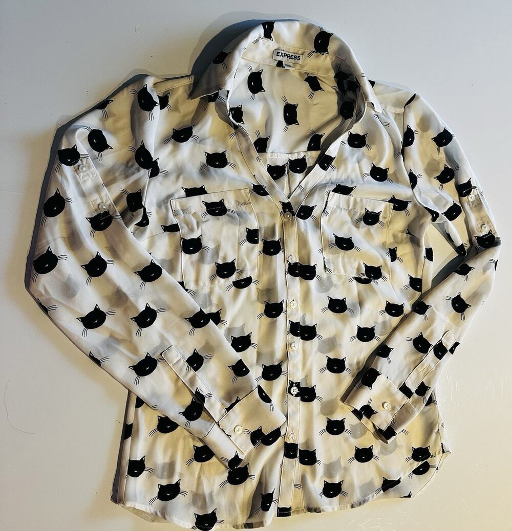 Express Portofino Shirt Sheer Blouse Cat Print Women’s XSmall Convertible Sleeve